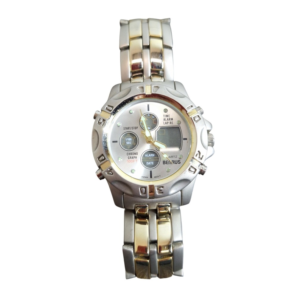 Benrus Advance Mens Chronograph Watch Two Tone BNW25413W Silver Dial 100FT V377
